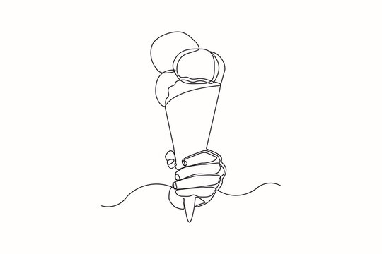 Continuous line drawing hand holding delicious fresh of ice cream cone. Single one line art of hand holding sweet ice cream gelato desert. Vector illustration