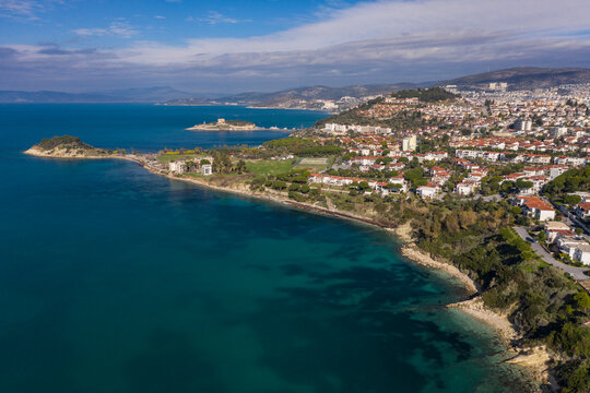 Turkey, Aydin Province, Kusadasi, Aerial view of coastal town in summer