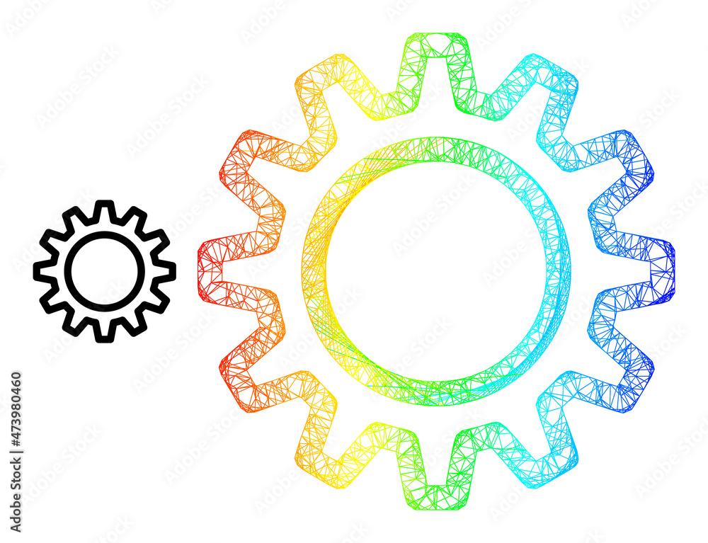 Poster network contour gear frame icon with spectral gradient. vibrant frame mesh contour gear icon. flat f