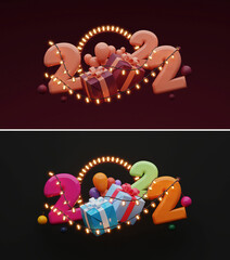 3D 2022 Number With Gift Boxes, Balloons, Baubles And Lighting Garland Decorated Background In Claret And Black Color Options.