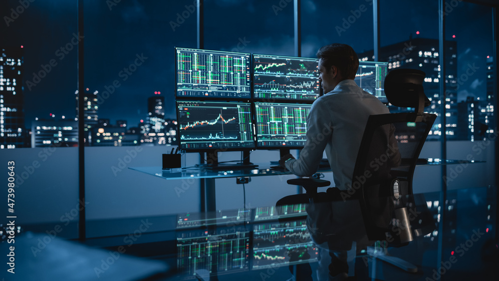 Poster financial analyst working on a computer with multi-monitor workstation with real-time stocks, commod