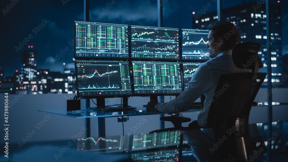 Poster financial analyst working on a computer with multi-monitor workstation with real-time stocks, commod