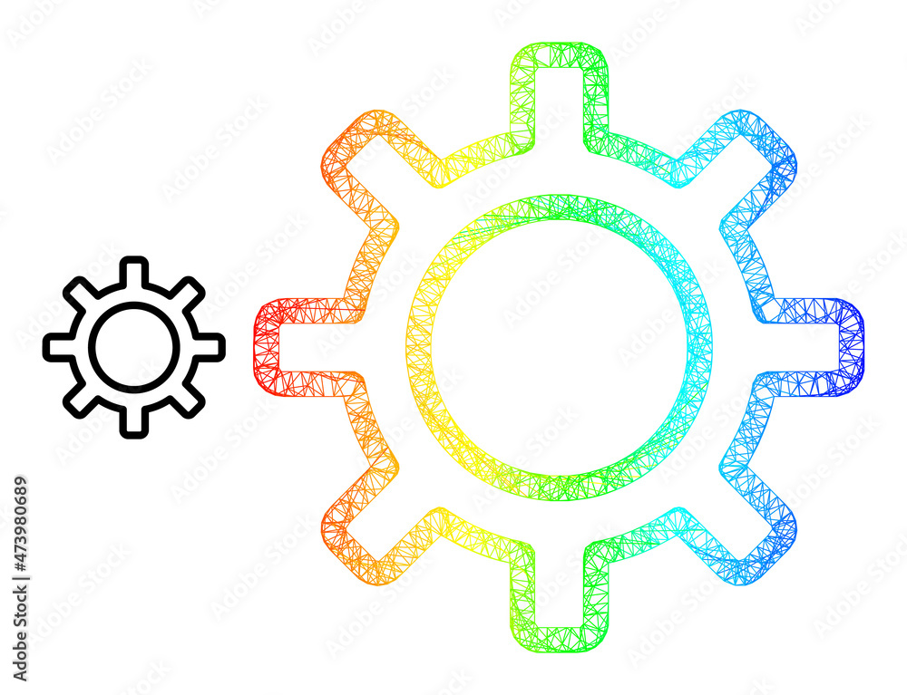 Poster mesh net contour gear frame illustration with rainbow gradient. colorful frame net contour gear icon