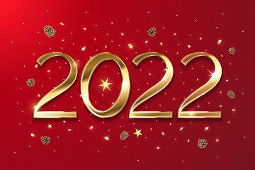 Happy New Year 2022 golden logo text design. Vector illustration concept for background, brochure design template, greeting card, party invitation, website banner, social media banner