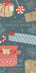 Web banner cute design illustration with dark blue background, golden sparkles stars, cat in the box, gift boxes, pine branches with Special offer 75% off sign - 473980857