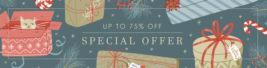 Web banner cute design illustration with dark blue background, golden sparkles stars, cat in the box, gift boxes, pine branches with Special offer 75% off sign - 473980865