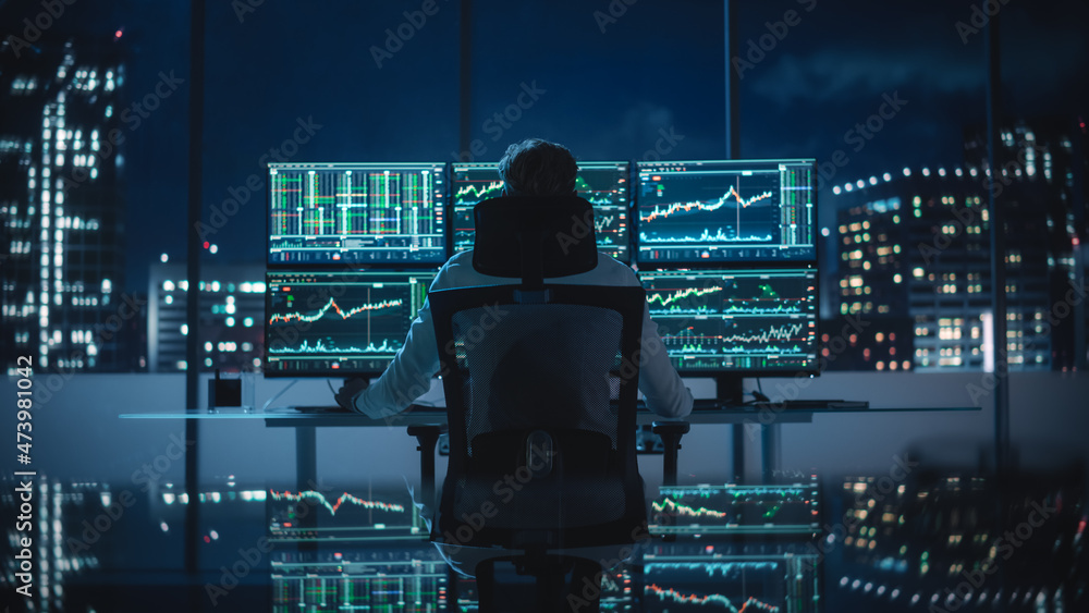 Poster financial analyst working on computer with multi-monitor workstation with real-time stocks, commodit