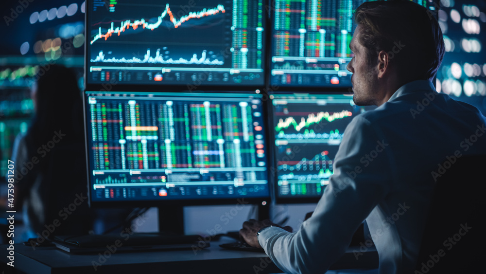 Poster financial analyst working on a computer with multi-monitor workstation with real-time stocks, commod