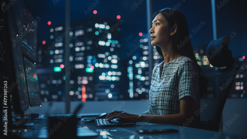 Poster portrait of a financial analyst working on computer with multi-monitor workstation with real-time st