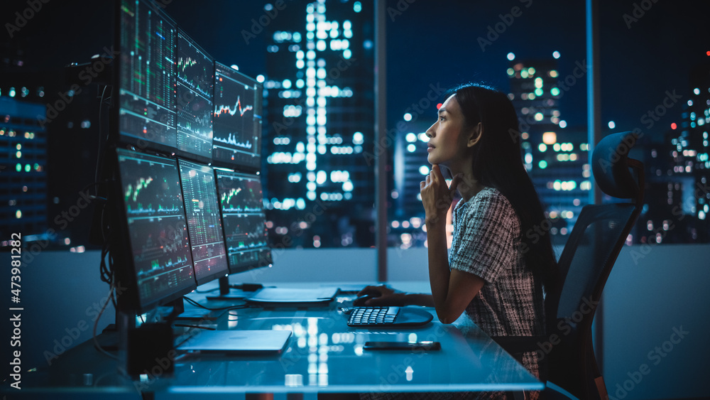 Poster portrait of a financial analyst working on computer with multi-monitor workstation with real-time st