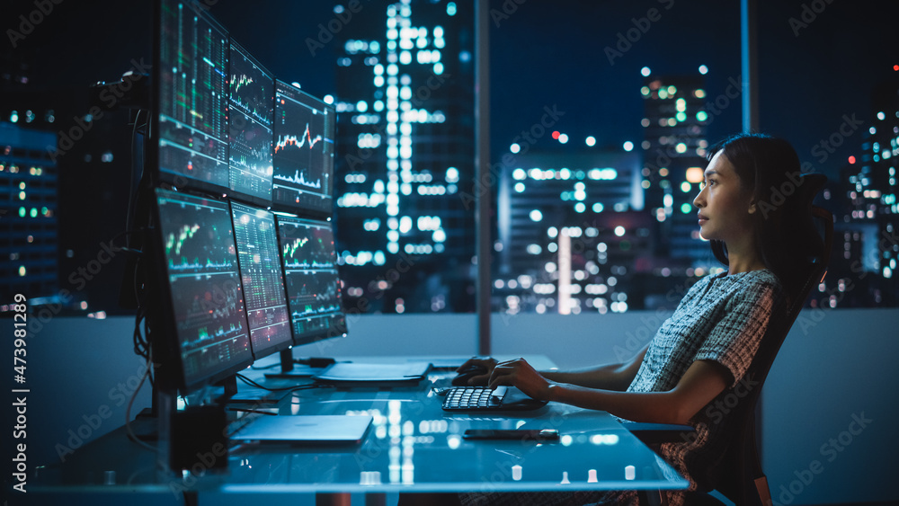 Poster portrait of a financial analyst working on computer with multi-monitor workstation with real-time st