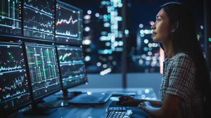 Portrait of a Financial Analyst Working on Computer with Multi-Monitor Workstation with Real-Time...