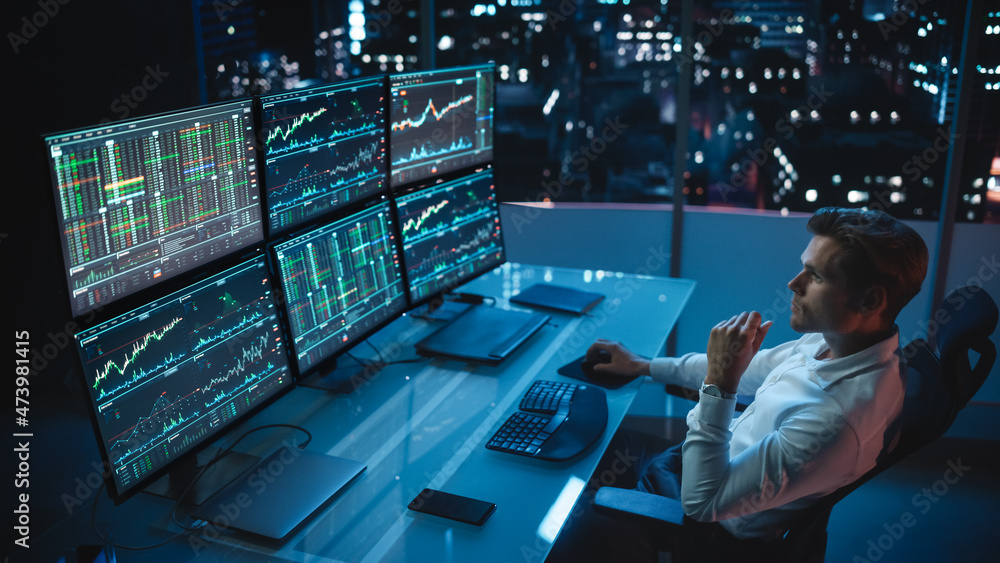 Poster financial analyst working on a computer with multi-monitor workstation with real-time stocks, commod