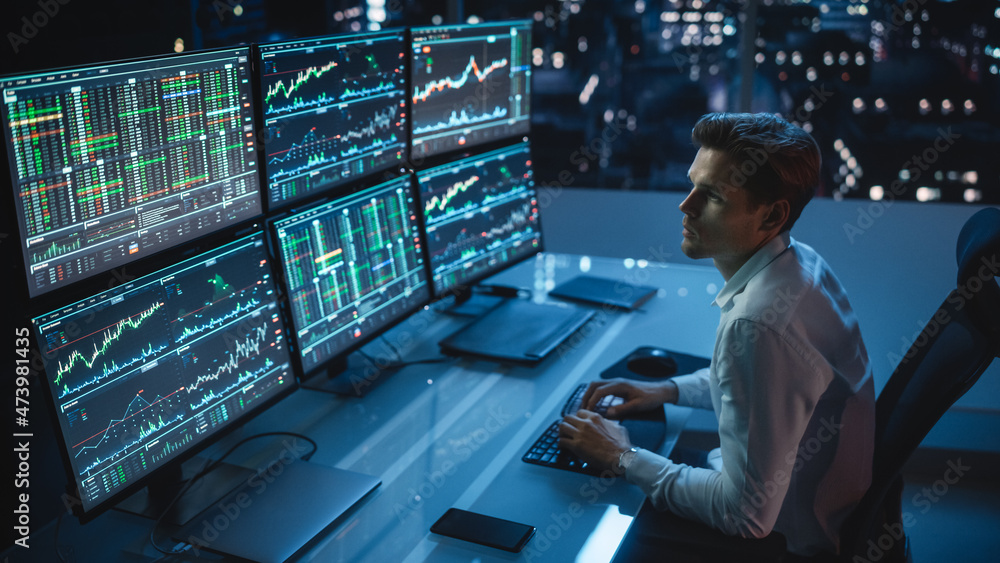 Poster financial analyst working on a computer with multi-monitor workstation with real-time stocks, commod