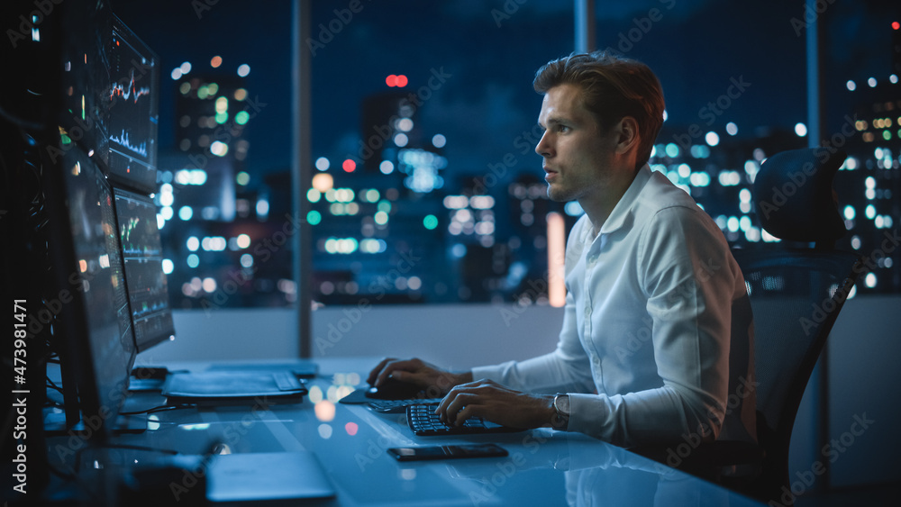 Poster financial analyst working on computer with multi-monitor workstation with real-time stocks, commodit
