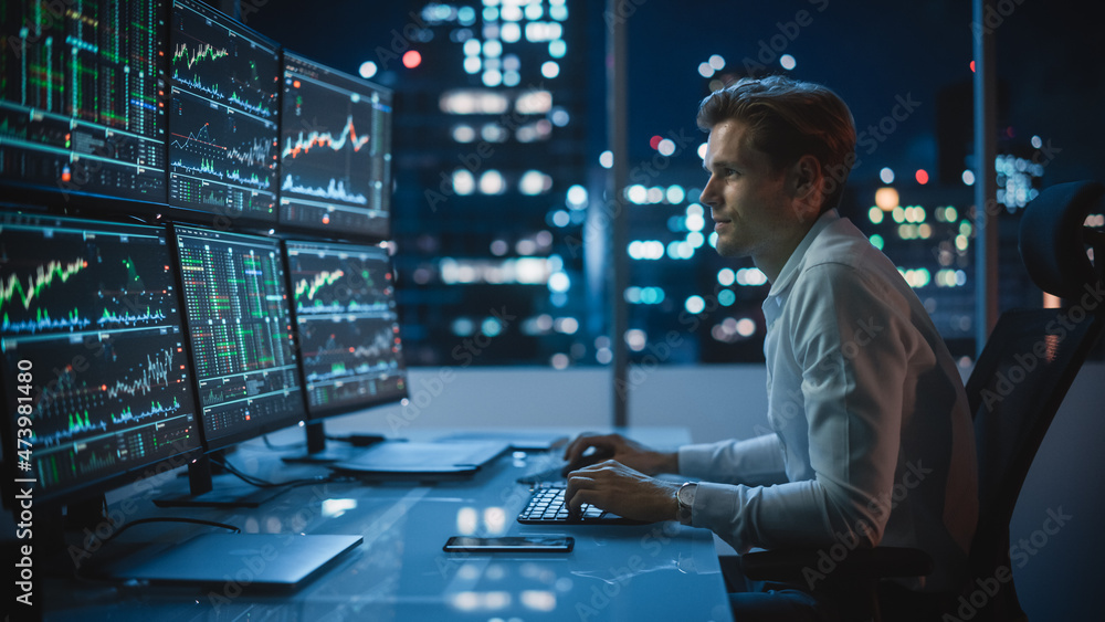 Poster financial analyst working on a computer with multi-monitor workstation with real-time stocks, commod