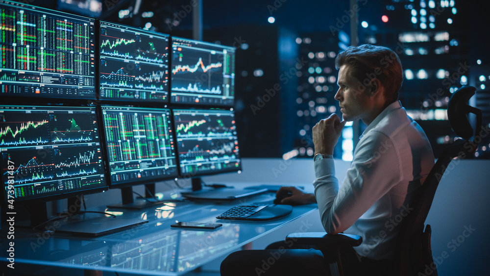 Poster financial analyst working on a computer with multi-monitor workstation with real-time stocks, commod