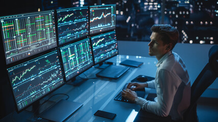 Financial Analyst Working on a Computer with Multi-Monitor Workstation with Real-Time Stocks,...