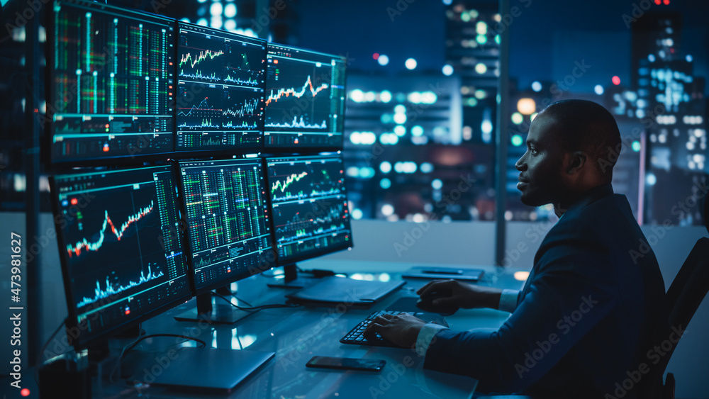 Poster financial analyst working on computer with multi-monitor workstation with real-time stocks, commodit