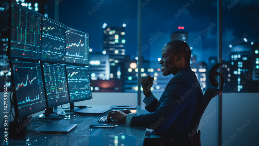 Poster stock market day trader working on computer with multi-monitor workstation with real-time investment