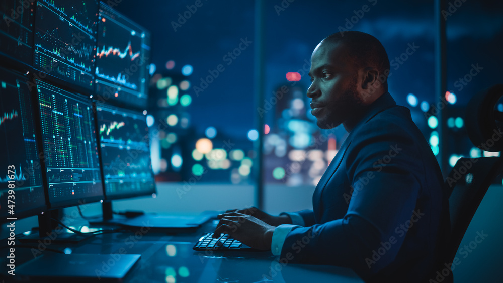 Poster financial analyst working on computer with multi-monitor workstation with real-time stocks, commodit
