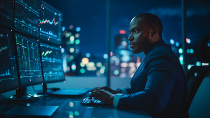 Financial Analyst Working on Computer with Multi-Monitor Workstation with Real-Time Stocks,...
