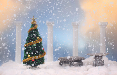Christmas Tree and Columns on Cotton With Blue Sky. Christmas Scene