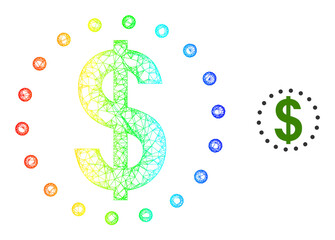 Obraz premium Crossing mesh dollar zone framework illustration with rainbow gradient. Vibrant frame mesh dollar zone icon. Flat framework created from dollar zone symbol and crossing lines.