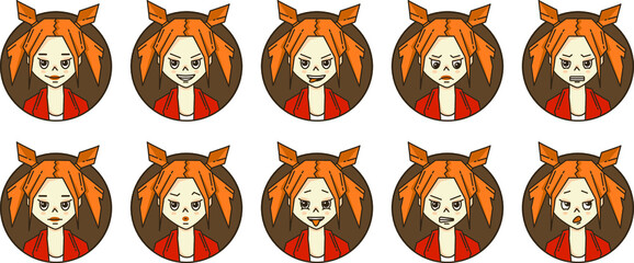 Set icons of girl avatars with red hair and a double space bun hairstyle and different emotions. Smile, sadness, anger, hatred, indignation, contempt, gloating, panic, shy.