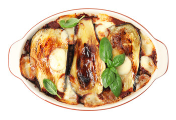 Delicious eggplant lasagna in baking dish isolated on white, top view