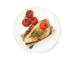 Plate of delicious eggplant lasagna isolated on white, top view