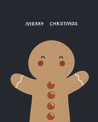 Merry Christmas. Cartoon gingerbread man, hand drawing lettering. holiday theme. Colorful vector illustration, flat style. design for greeting cards, print, poster