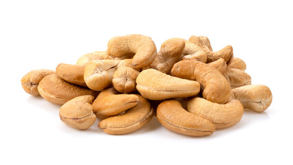 Fototapeta na wymiar Roasted cashew nuts isolated on white