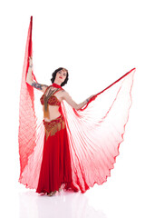 Burlesque dancer performing burlesque show with stage costume, isolated on white