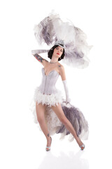 Burlesque dancer performing burlesque show with stage costume, isolated on white