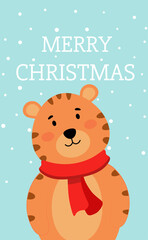 Christmas card of tiger with scarf. Hand drawn cute vector illustration. Christmas greeting card. Tiger and snow.
