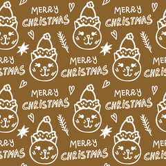 Seamless vector pattern with white Christmas illustrations on a kraft background.Winter,festive hand drawn doodle style print.Designs for textiles,fabric,wrapping paper,packages,scrapbooking paper.
