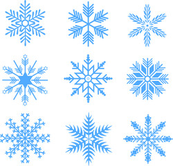 Fototapeta na wymiar Set of blue vector snowflakes icons. Winter, Christmas decoration isolated on white background. 