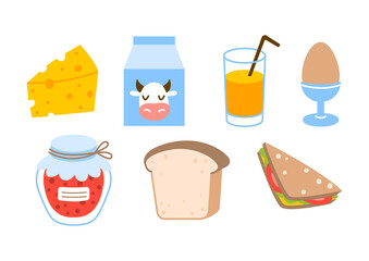 Set of cartoon breakfast food icons isolated on white background