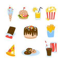 Set of cartoon fastfood and sweets food icons isolated on white background
