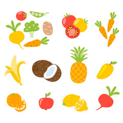 Set of cartoon fruits and vegetable food icons isolated on white background