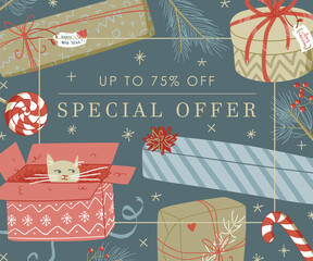 Web banner cute design illustration with dark blue background, golden sparkles stars, cat in the box, gift boxes, pine branches with Special offer 75% off sign - 473987605