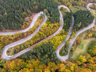 Stunning aerial view of road with curves crossing dense forest in autumn colors in Bulgaria. High quality photo