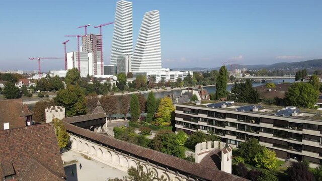 Drone view at the Roche industry towers at Basel on Switzerland