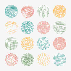 Vector set of round abstract backgrounds. Contemporary concept trend illustration. Patterns of hand drawn curves, lines, points, spots. Doodle icons set for social networks, posters, design templates