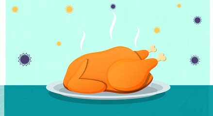 Chicken on Plate Surrounded by Virus Particles Vector