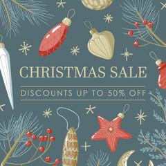 Web banner cute design illustration with blue background, beige sparkles stars, tree toys, coniferous branches with Sale Discounts up to 50% off sign - 473990407