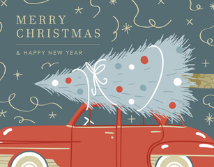 Web banner cute design illustration with blue background, beige sparkles stars, confetti, car with Christmas tree with Merry Christmas and happy new year sign - 473990412