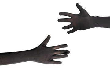 Woman in long black gloves wanting or asking for something isolated on a