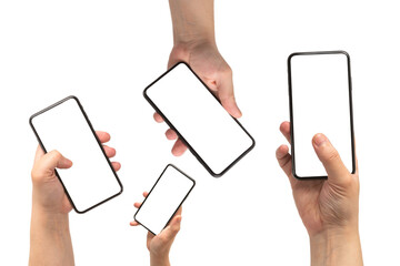 Smart phone in man hand isolated on white background.  White screen.